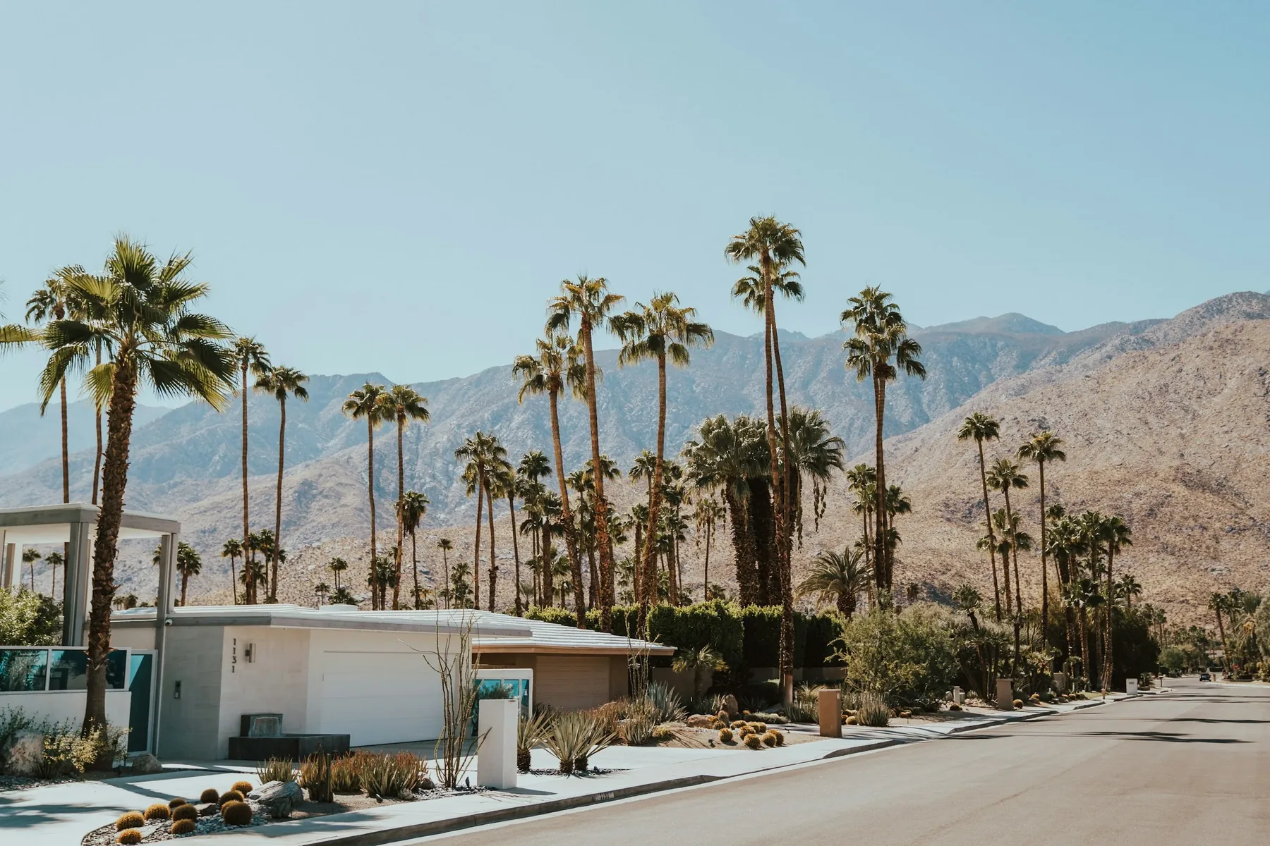 A Palm Springs home with palms and mountain scenery; community imagery, not a listing